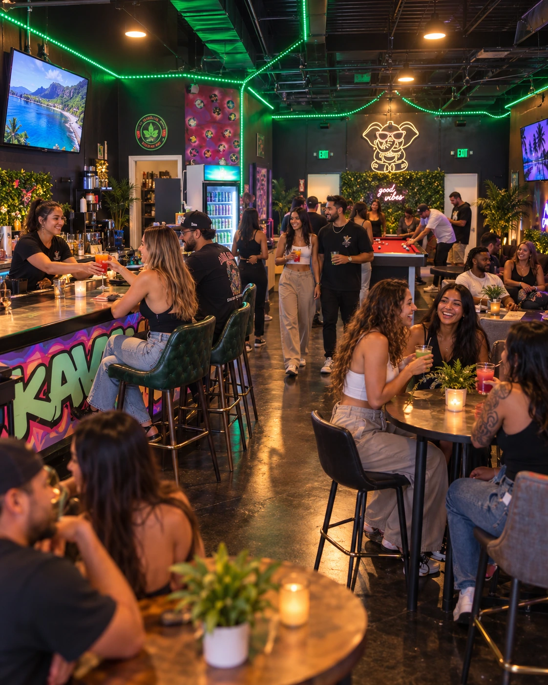 Friends at the bar and tables inside The Social Blend kava lounge