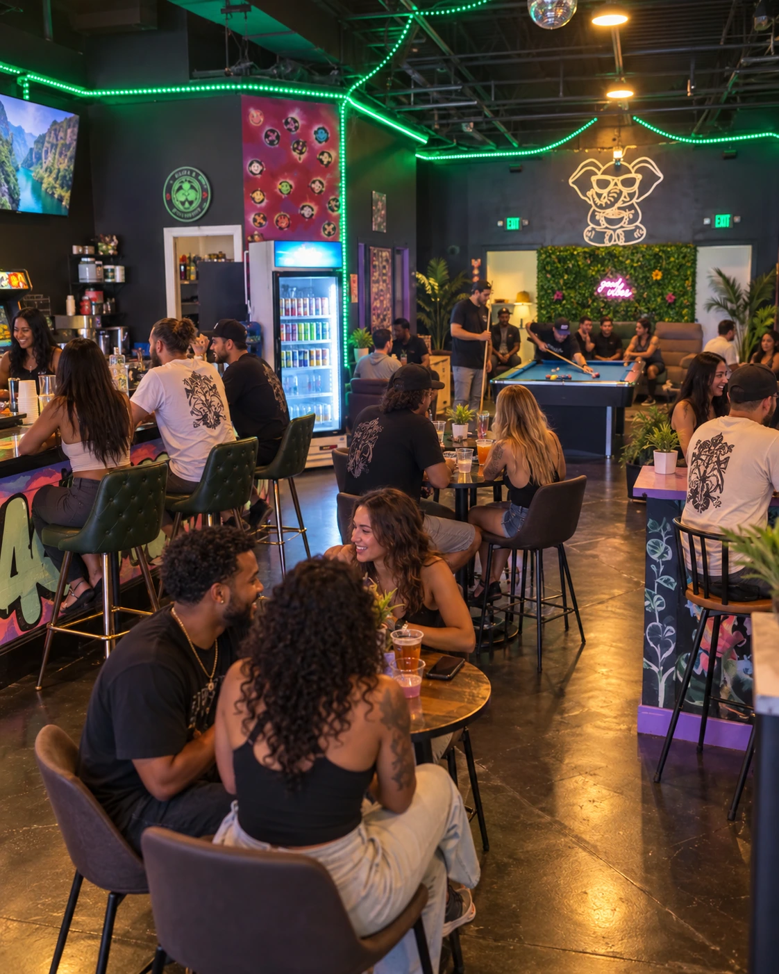 Guests at the bar, the pool table, and neon signs inside The Social Blend