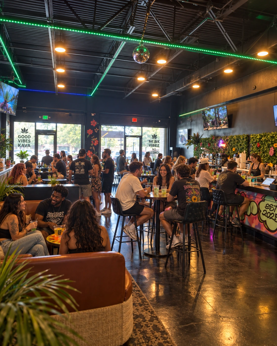 A full house at The Social Blend: tables, the bar, murals, and green neon