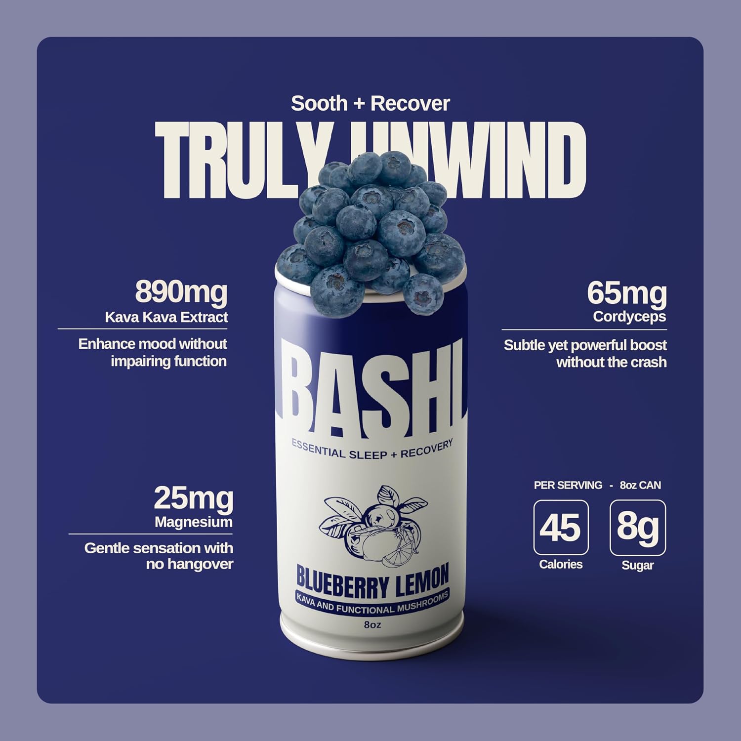 Can of Bashi Kava Blueberry Lemon with blueberries and product details