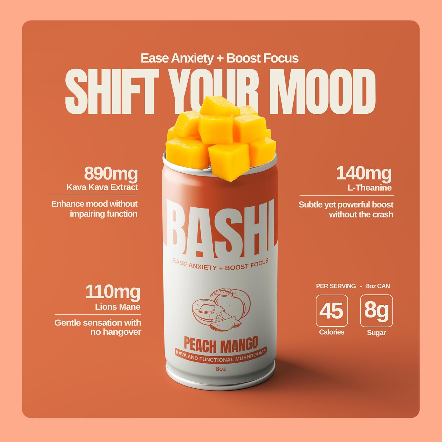 Can of Bashi Kava Peach Mango with mango pieces and product details