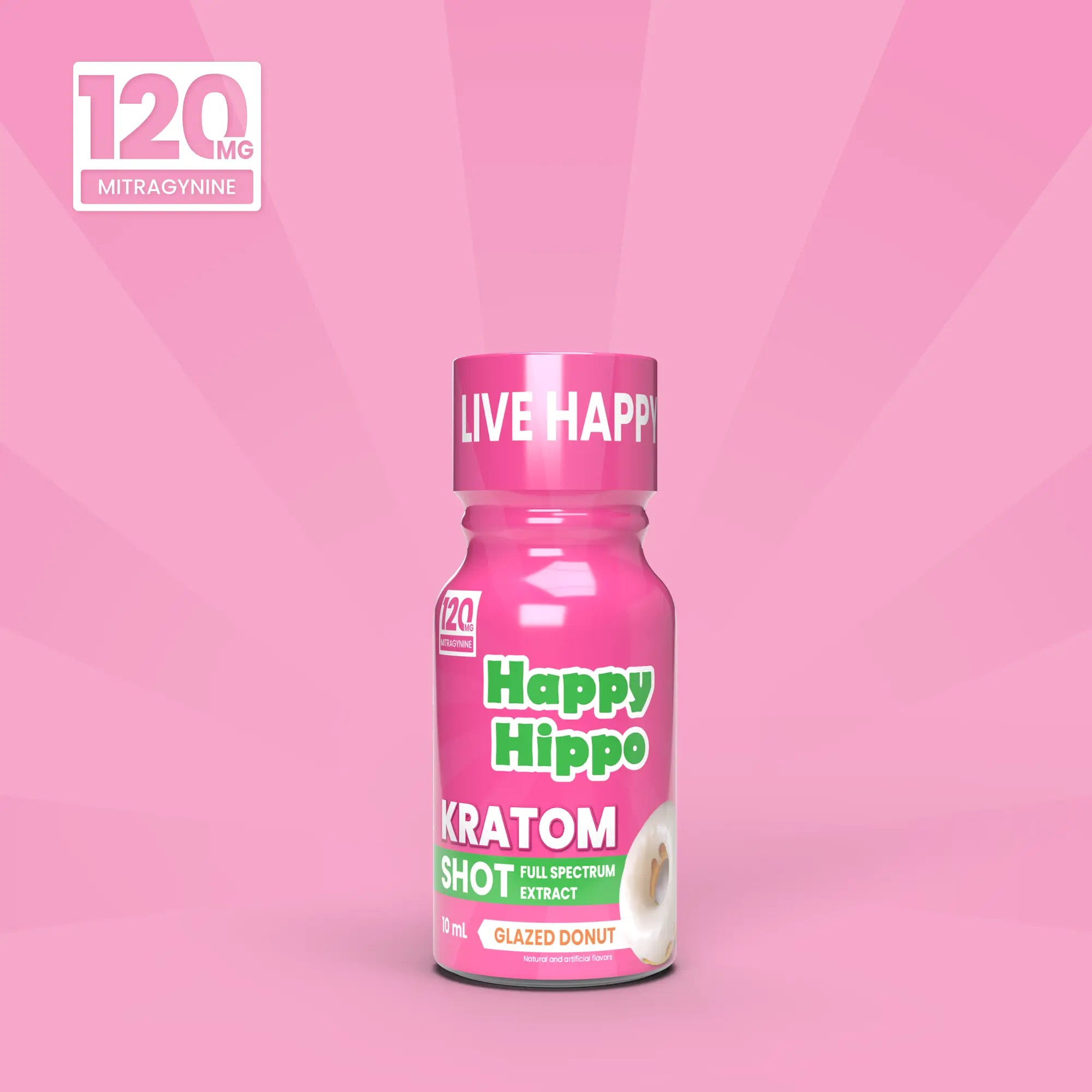 Pink Happy Hippo Glazed Donut kratom extract shot bottle labeled 120 mg mitragynine