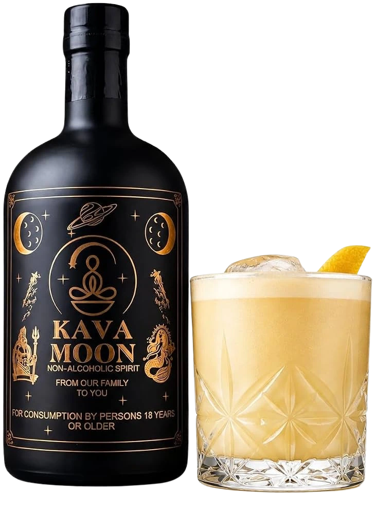 Bottle of Kava Moon Signature Spirit beside a citrus drink over ice