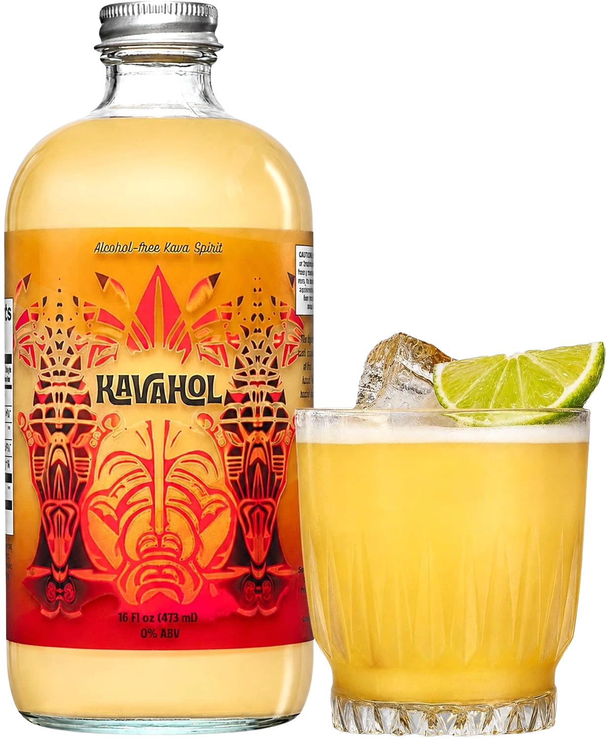 Bottle of KAVAHOL Fiery Ginger Alcohol-Free Kava Spirit beside a ginger-and-lime drink