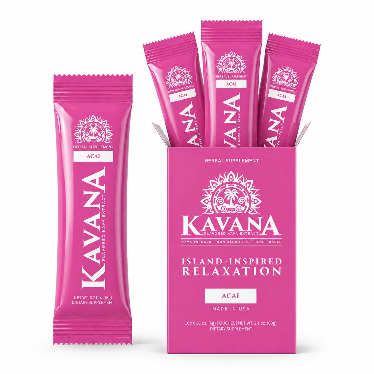 KAVANA Instant Kava Drink Mix Acai pouches and box