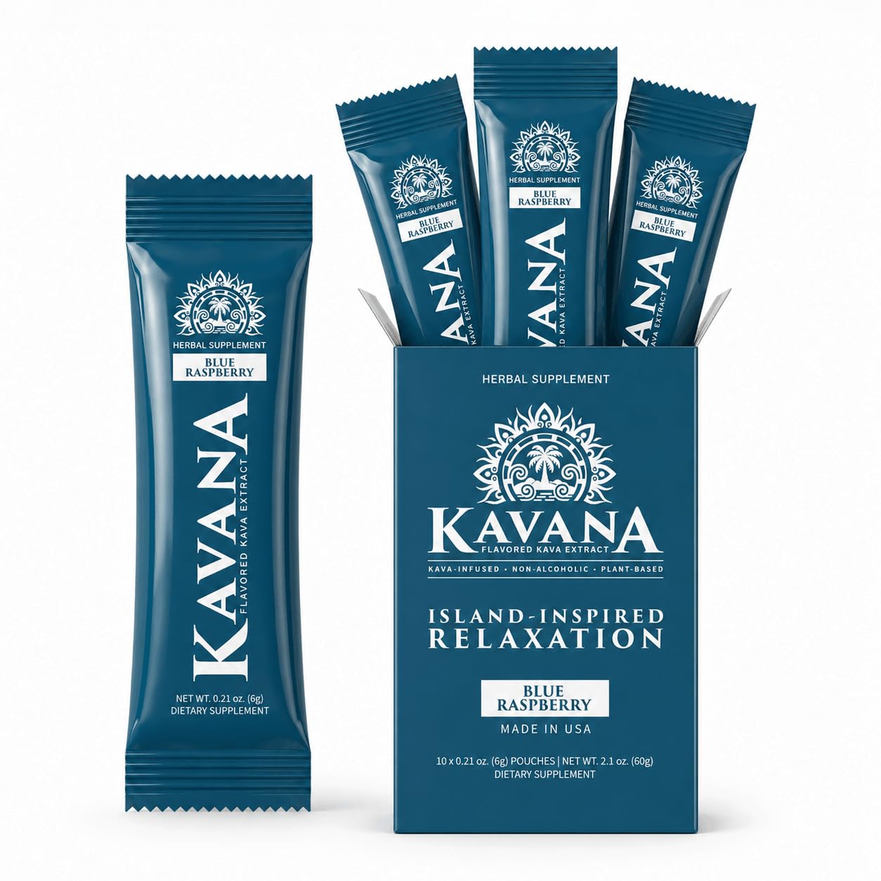 KAVANA Instant Kava Drink Mix Blue Raspberry pouches and box
