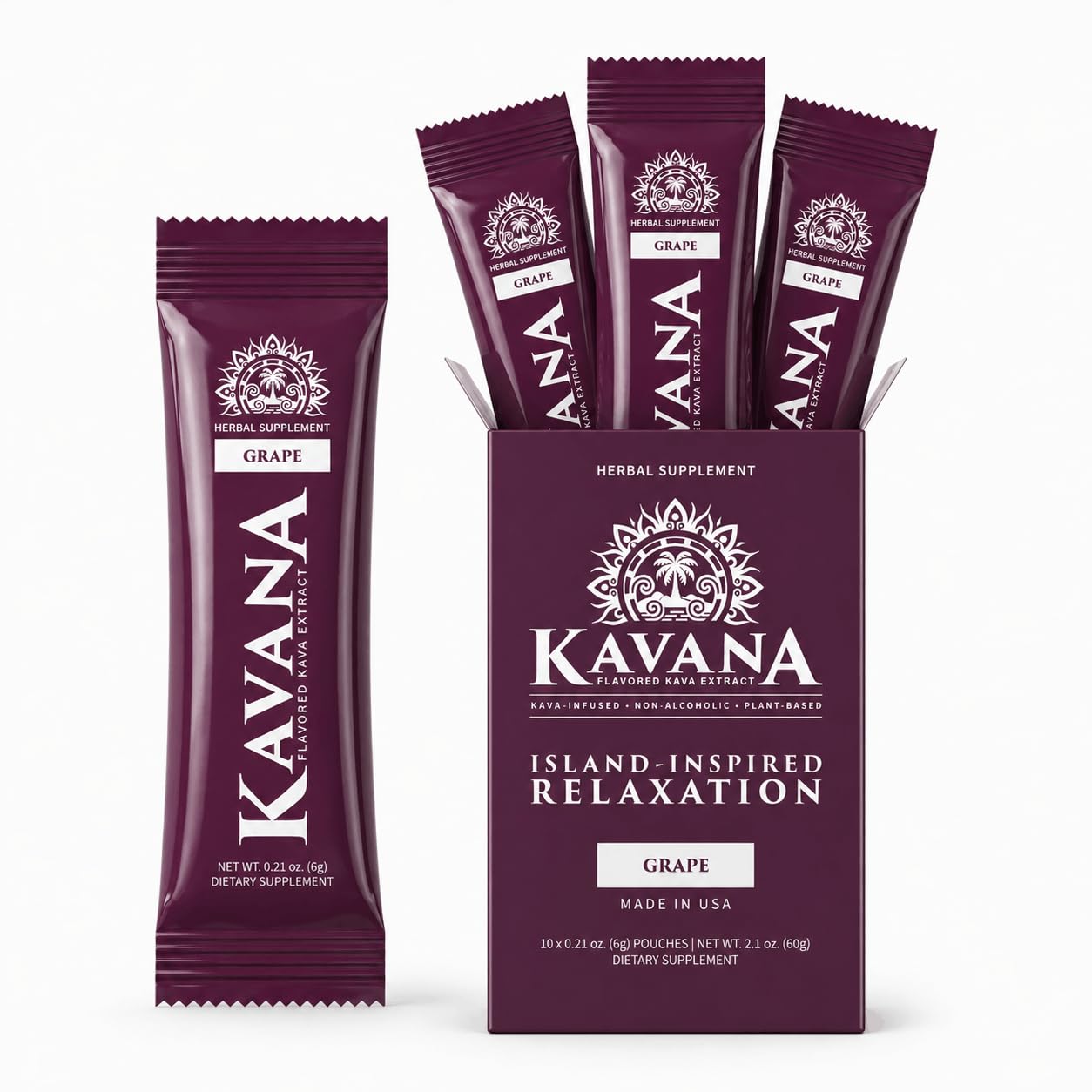 KAVANA Instant Kava Drink Mix Grape pouches and box