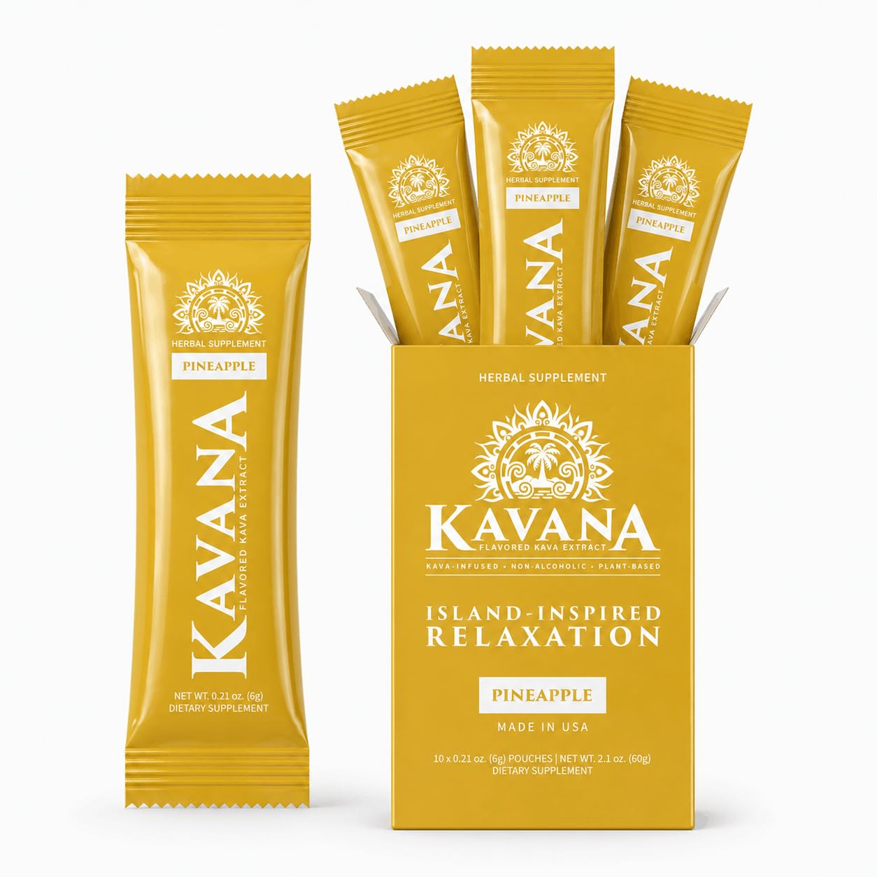 KAVANA Instant Kava Drink Mix Pineapple pouches and box