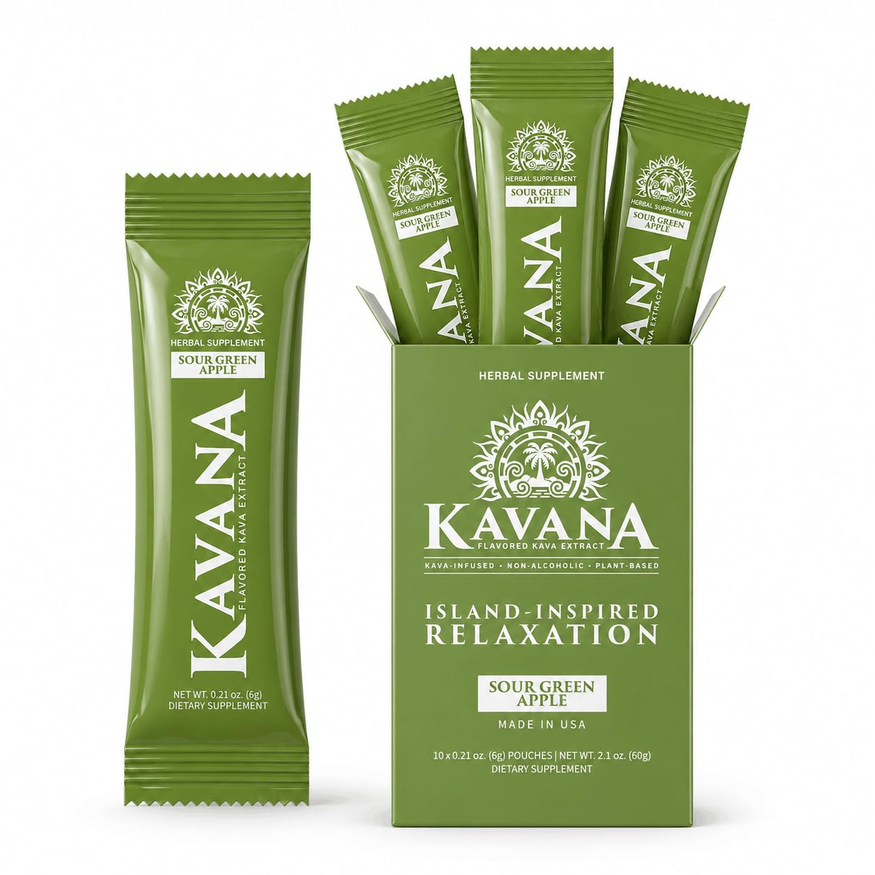 KAVANA Instant Kava Drink Mix Sour Green Apple pouches and box