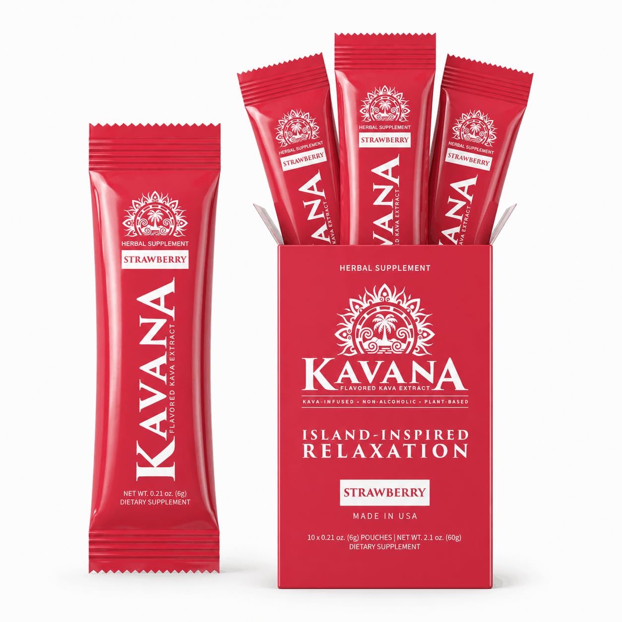 KAVANA Instant Kava Drink Mix Strawberry pouches and box