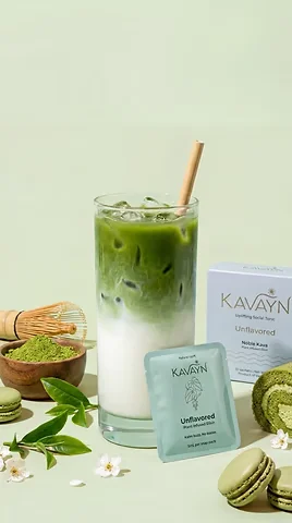 Kavayn Unflavored Kava Extract Snap Pack beside a green prepared drink