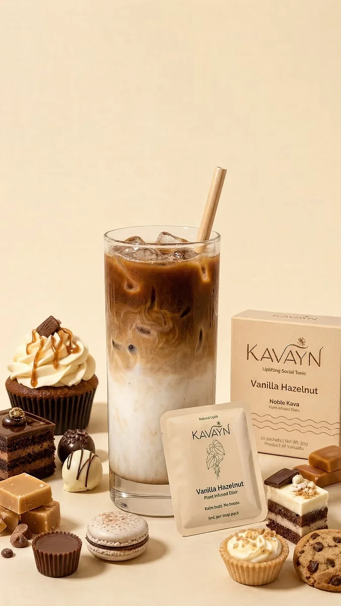 Kavayn Vanilla-Hazelnut Kava Extract Snap Pack beside a prepared drink