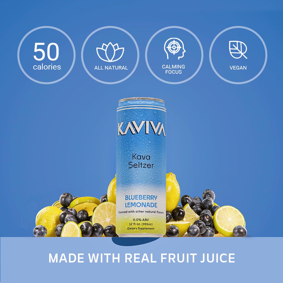 Can of KAVIVA Blueberry Lemonade Kava Seltzer with blueberries and lemons