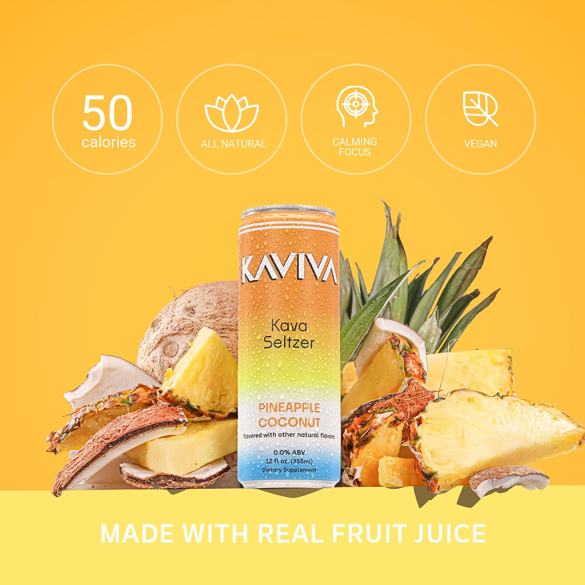 Can of KAVIVA Pineapple Coconut Kava Seltzer with pineapple and coconut