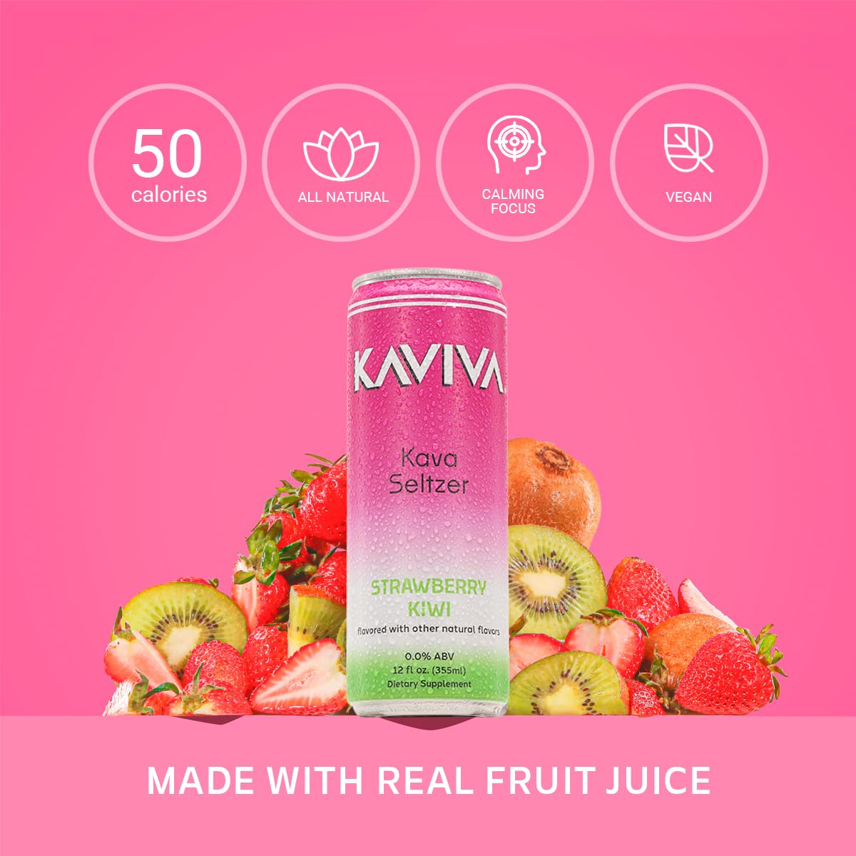 Can of KAVIVA Strawberry Kiwi Kava Seltzer with strawberries and kiwi