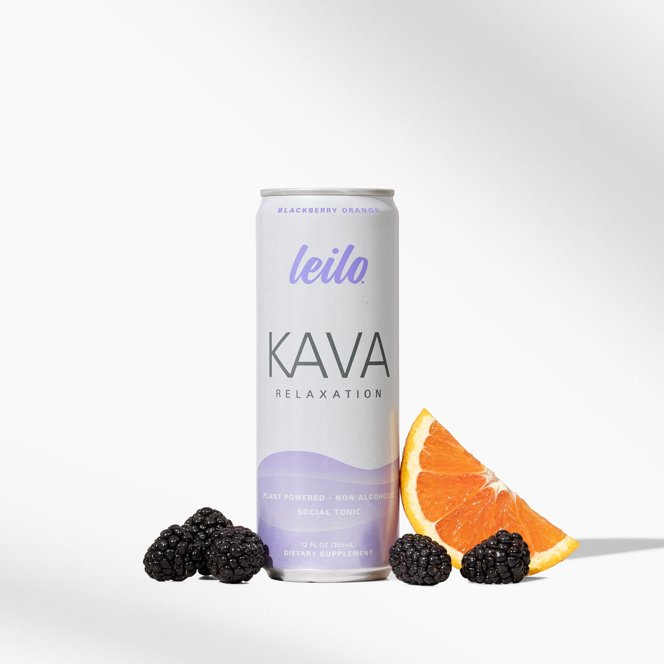 Leilo Blackberry Orange kava tonic can and glass over ice