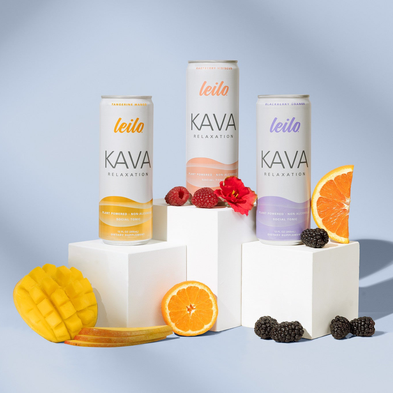 Leilo Classic Variety 12-pack with Raspberry Hibiscus, Tangerine Mango, and Blackberry Orange cans
