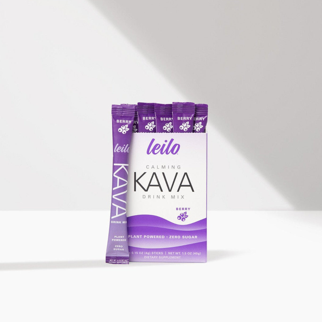 Box and single-serve stick of Leilo Berry Kava Drink Mix