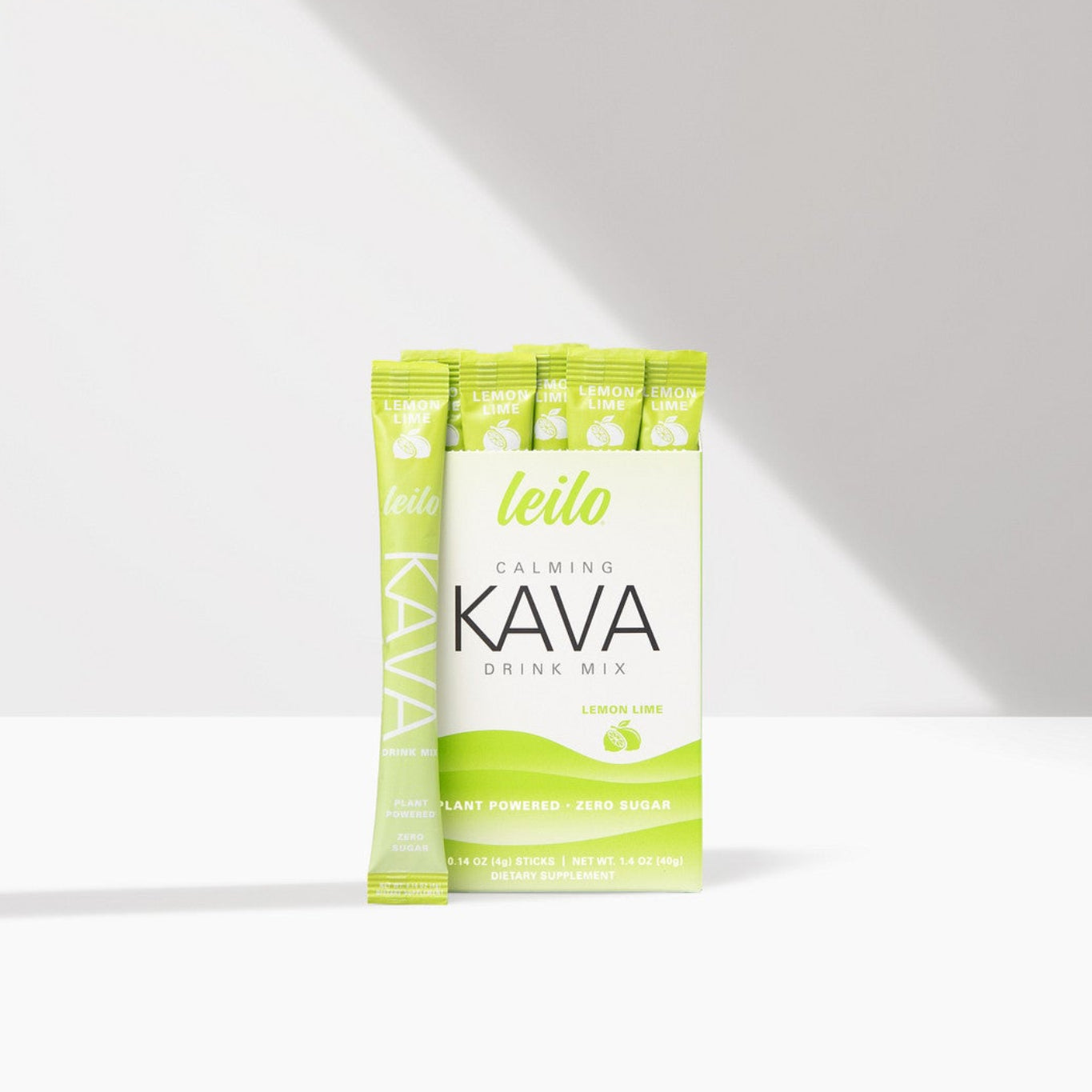 Box and single-serve stick of Leilo Lemon Lime Kava Drink Mix