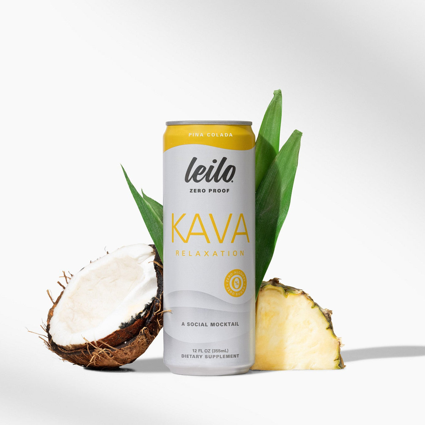 Leilo Piña Colada kava tonic can and tropical glass over ice