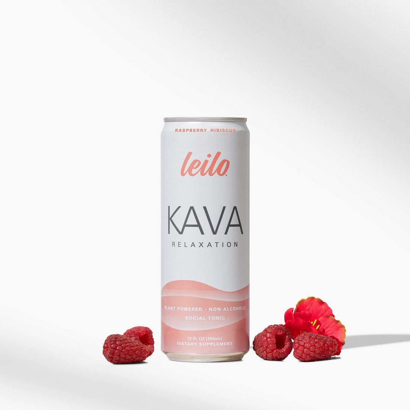 Leilo Raspberry Hibiscus kava tonic can and glass over ice