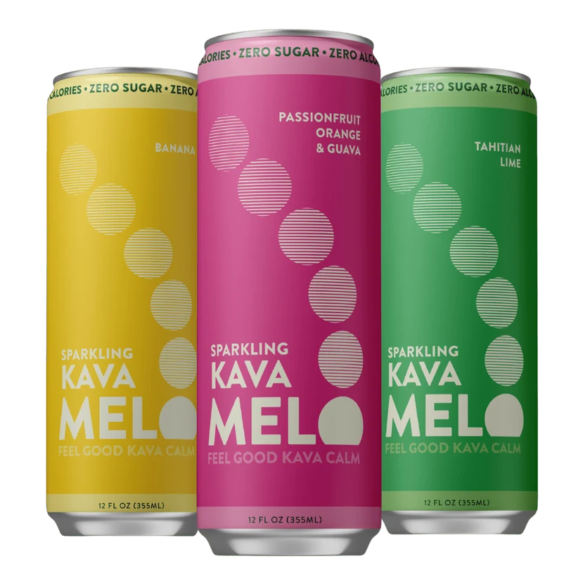 MELO Sparkling Kava Variety Pack with Banana Cream, Passionfruit Orange Guava, and Tahitian Lime cans